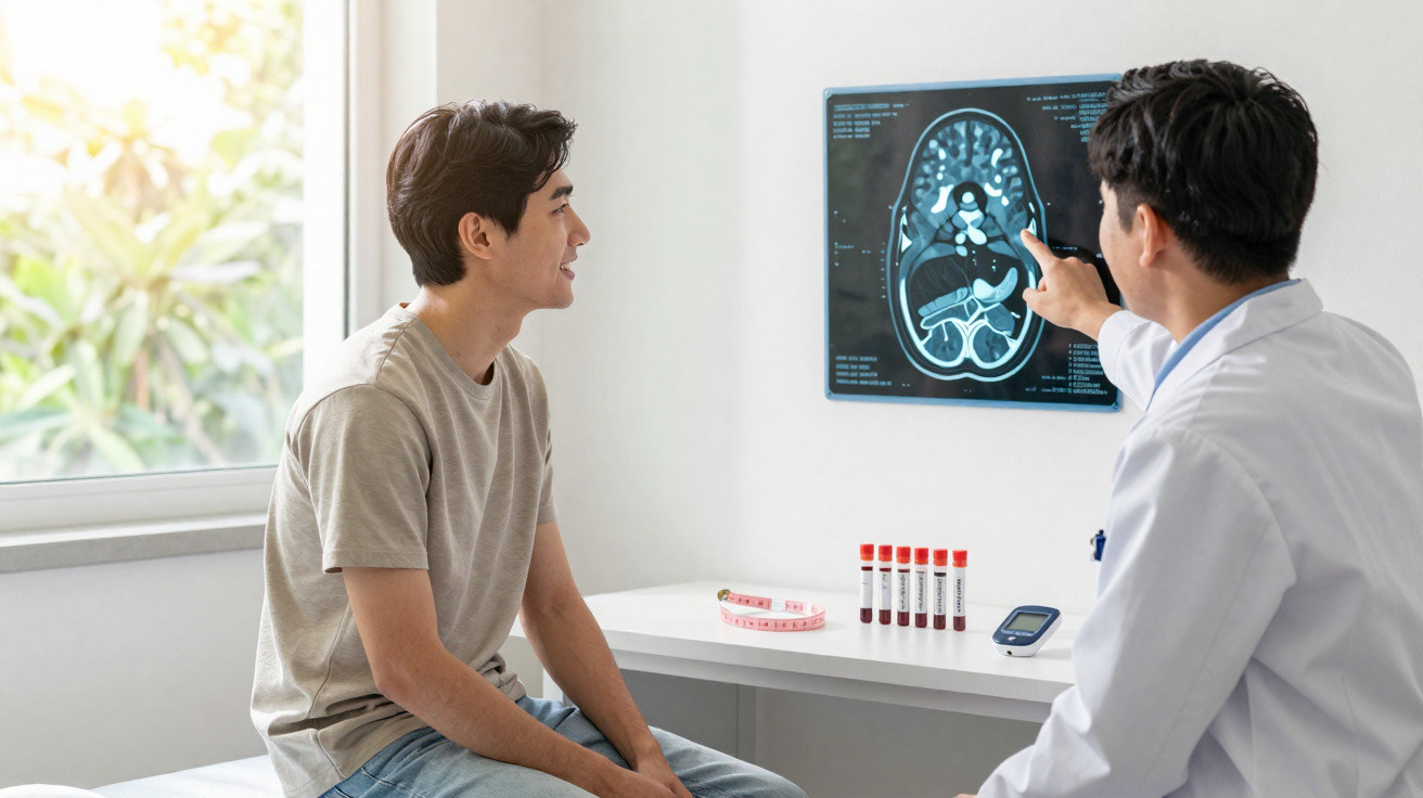 Arzt erklärt Patienten Gehirnscan in einer hellen Praxis mit Blutproben und medizinischen Geräten.