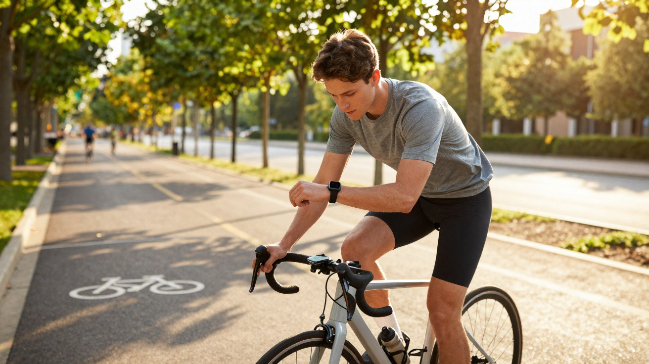 Junger Mann auf Rennrad prüft Smartwatch auf Fahrradweg in sonnigem Park.
