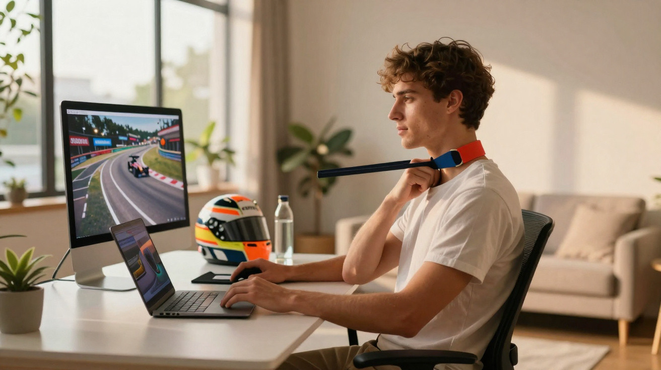 Junger Mann bedient Laptop am Schreibtisch mit Rennspiel auf Monitor und Motorsporthelm daneben.