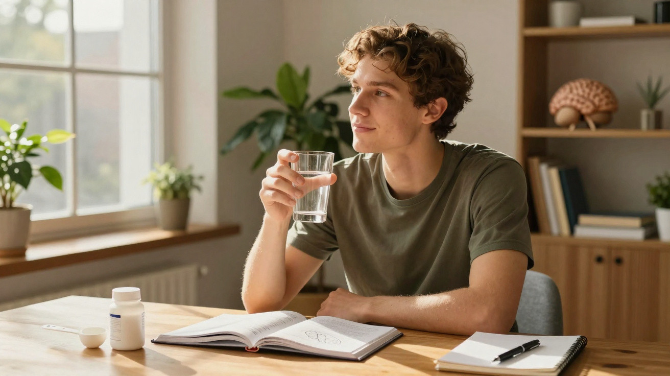 Junger Mann trinkt Wasser beim Lernen an einem Tisch mit Buch, Medikamenten und Notizblock.