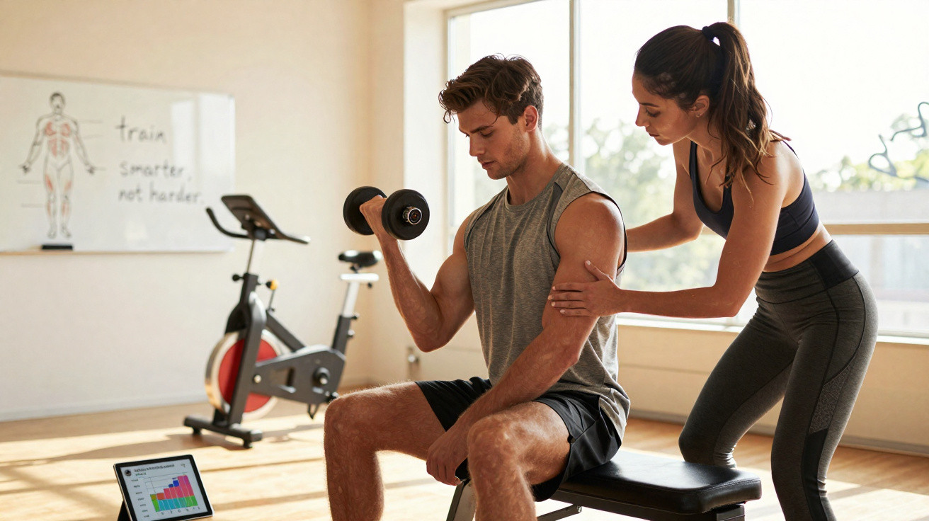 Mann trainiert Bizeps mit Kurzhantel, während Frau als Trainerin seine Haltung im Fitnessstudio korrigiert.