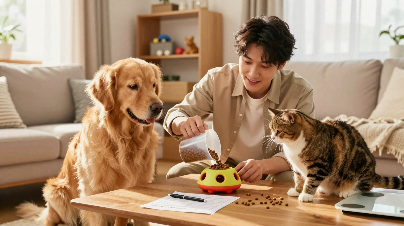 Junger Mann füttert Hund und Katze mit Futter aus einem Spielzeugbehälter im Wohnzimmer.