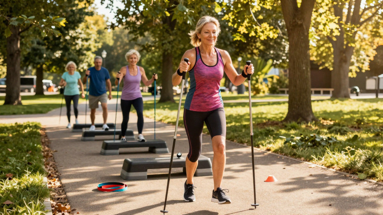 Ältere Menschen machen Nordic-Walking-Übungen und Fitness im Park bei Sonnenschein.