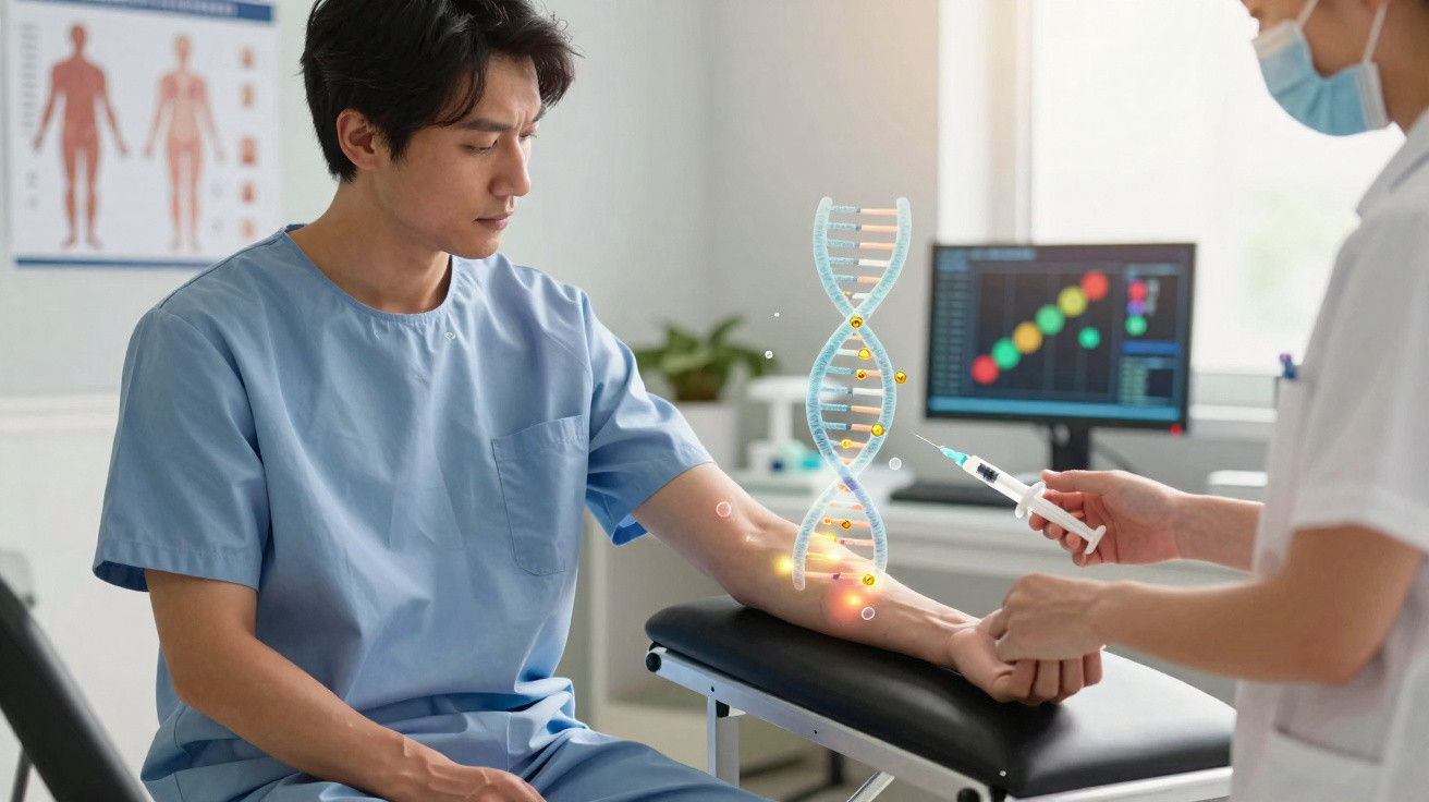 Patient erhält im Labor eine Injektion zur DNA-Analyse, dargestellt mit 3D-Genstruktur im Bild.