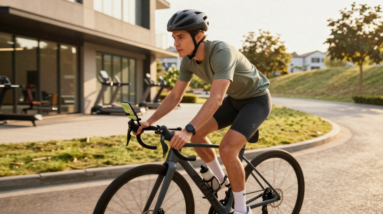 Junger Mann mit Helm fährt Rennrad auf Straße vor modernem Gebäude, nutzt Smartphone am Lenker.