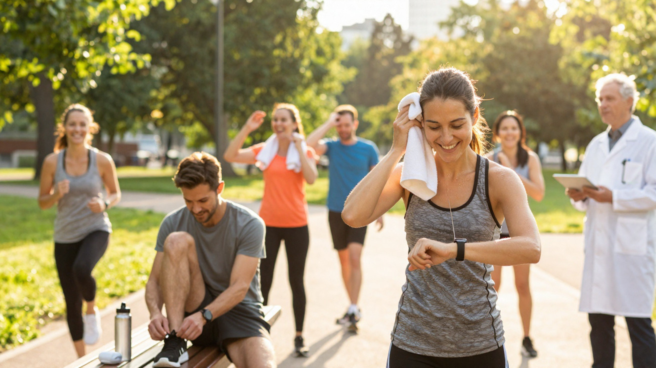Gruppe joggt im Park, junge Frau wischt sich Schweiß mit Handtuch ab, Arzt beobachtet und notiert Daten.