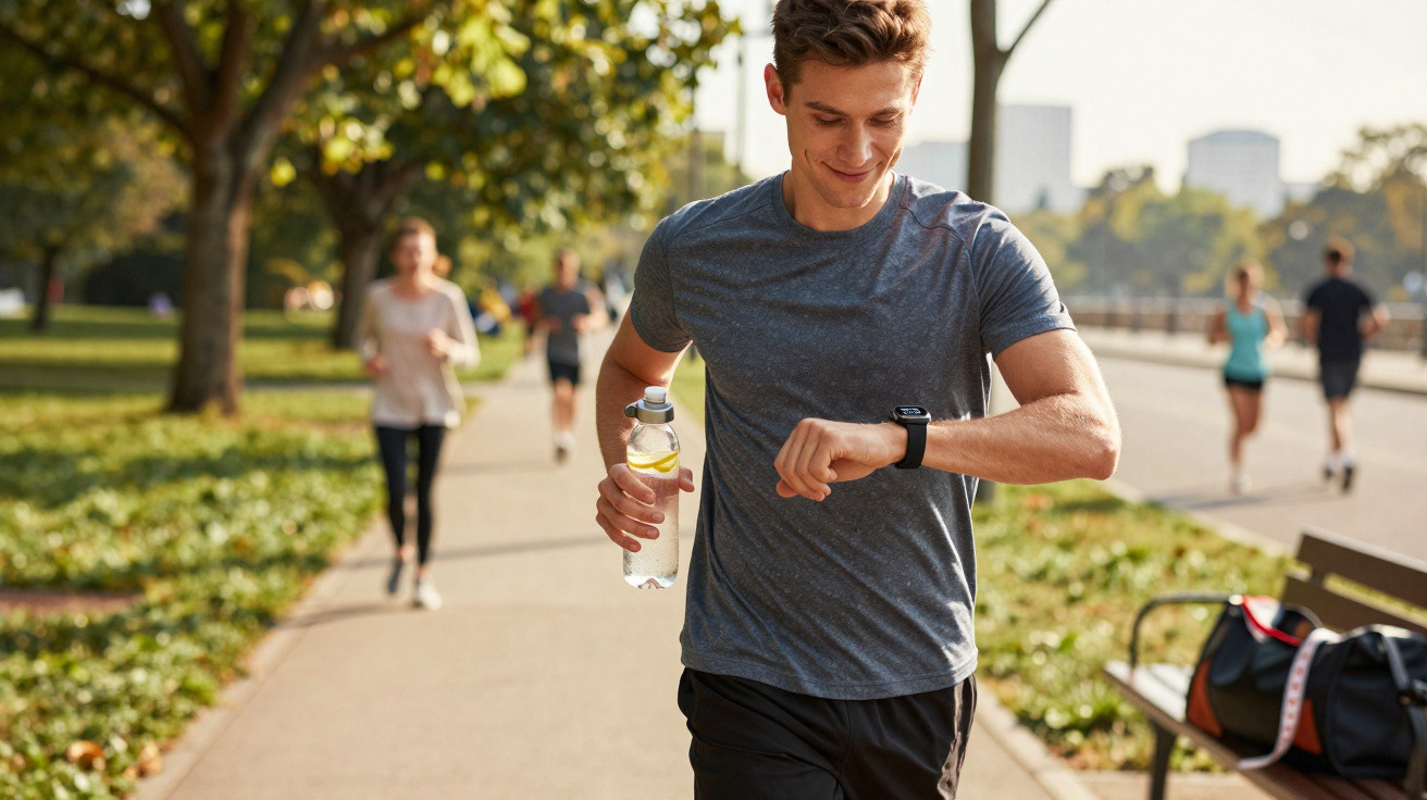 Junger Mann joggt im Park, hält Wasserflasche und schaut auf Fitnessuhr zur Trainingskontrolle.
