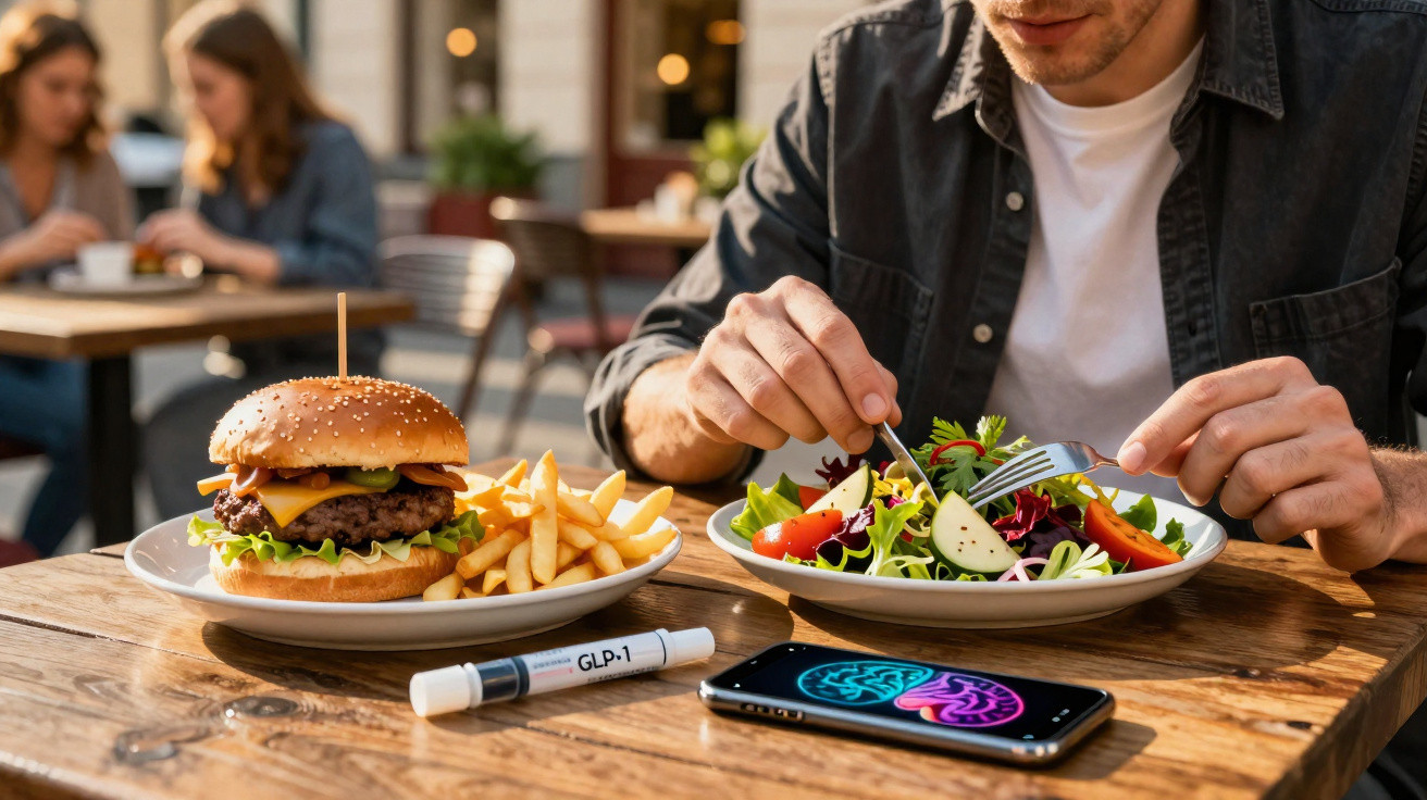 Mann isst Salat, neben Teller mit Burger und Pommes, GLP-1 Pen und Smartphone auf Holztisch im Café.