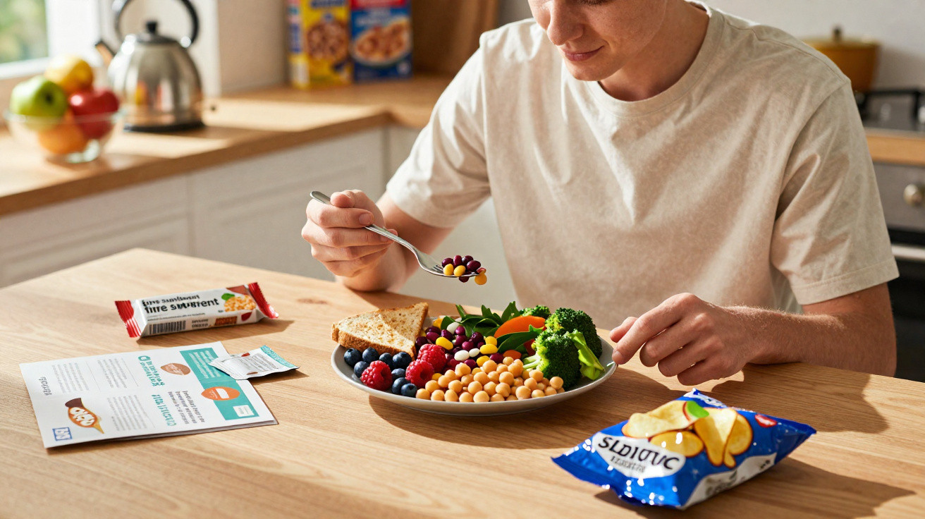 Person isst gesunden Salat mit Kichererbsen, Beeren und Gemüse an einem Holztisch in der Küche.