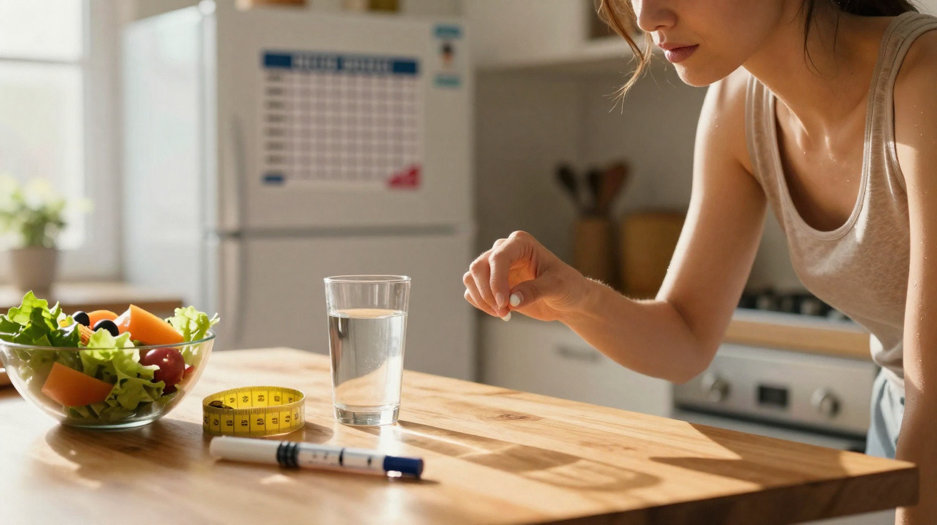 Frau macht Insulinspritze, auf Tisch Salat, Maßband, Glas Wasser und Blutzuckergerät in heller Küche.