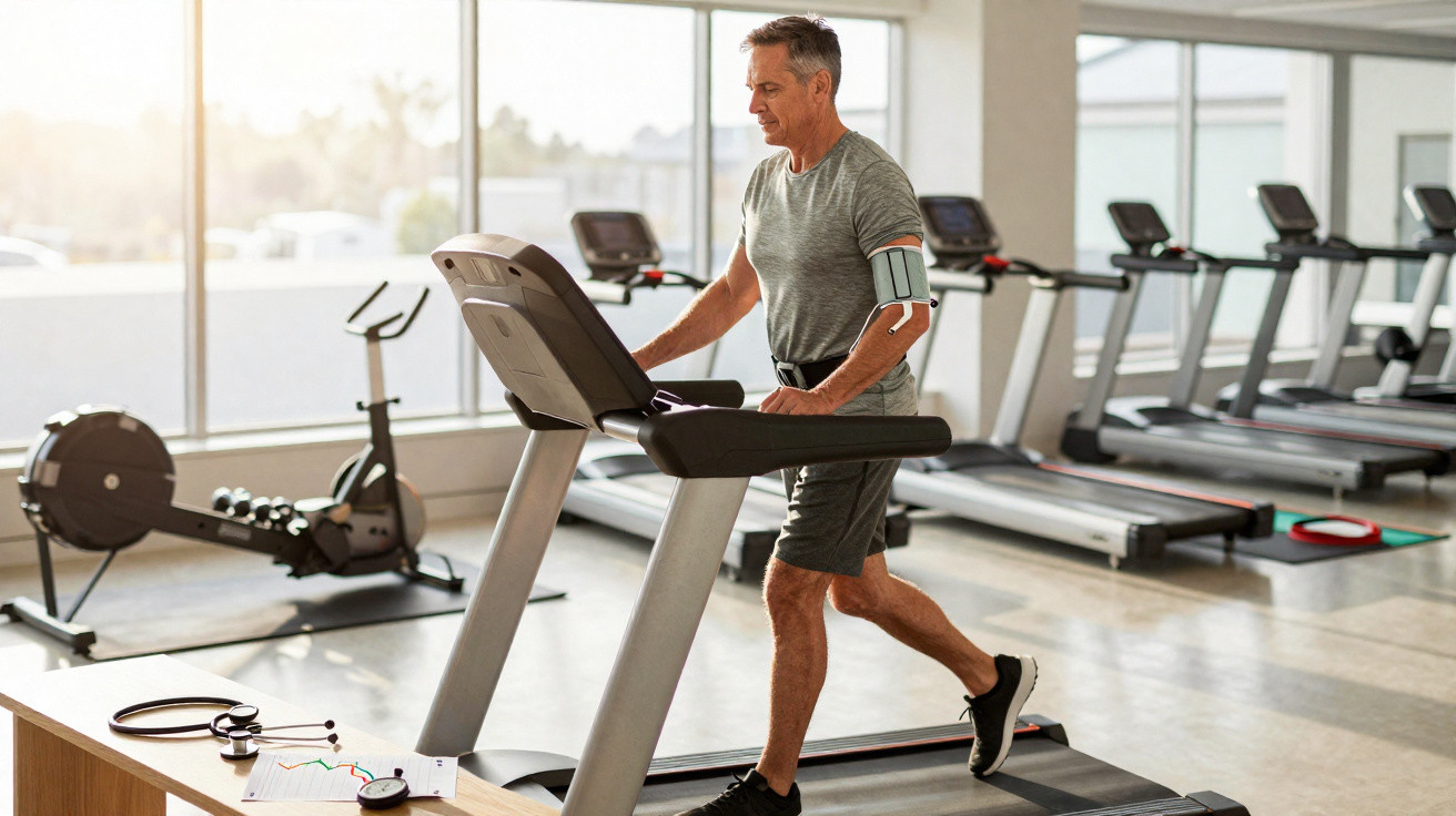 Mann mittleren Alters trainiert auf dem Laufband in hellem Fitnessstudio mit Trainingsgeräten im Hintergrund.