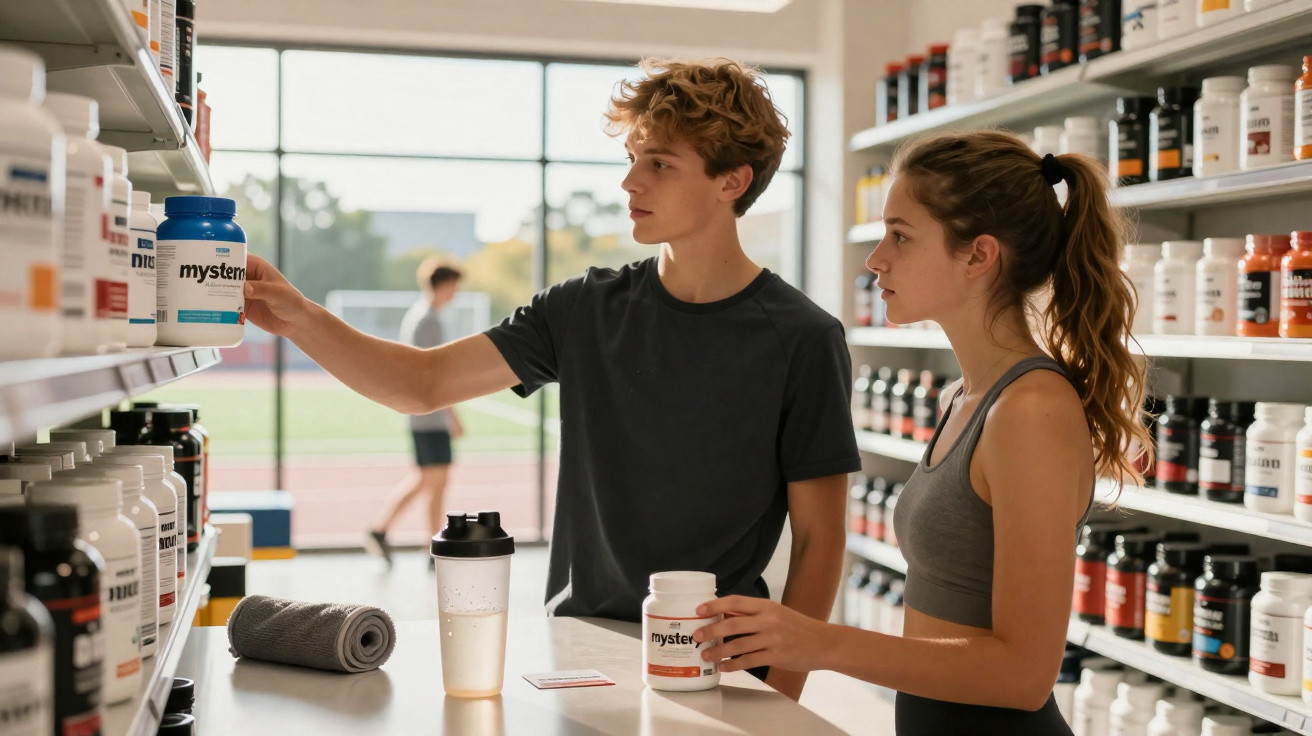 Junge und Mädchen wählen Nahrungsergänzungsmittel in einem Sportgeschäft mit Regalen voller Proteinpulver aus.