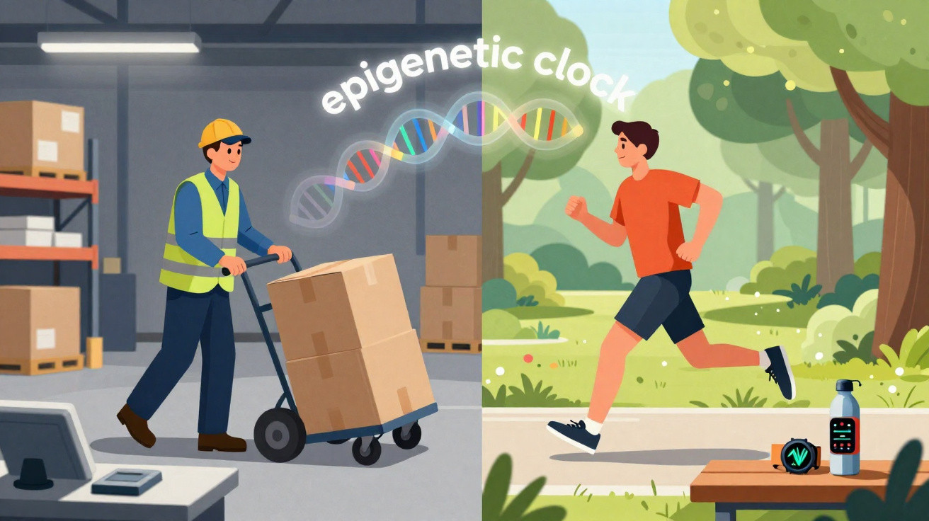 Illustration eines Arbeiters und eines Läufers mit Epigenetik-Uhr und DNA-Wendeln über ihnen.