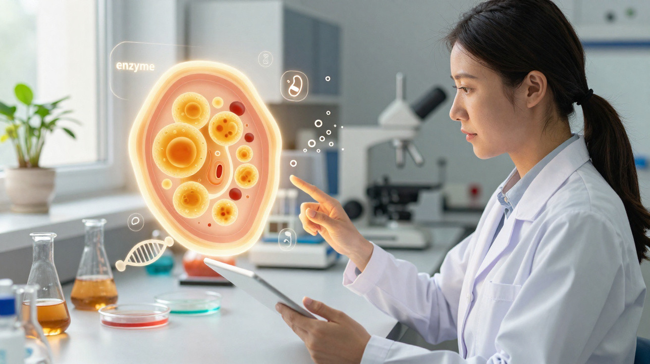 Wissenschaftlerin im Labor analysiert digitale Darstellung von Zellstrukturen und Enzymen mit Tablet.