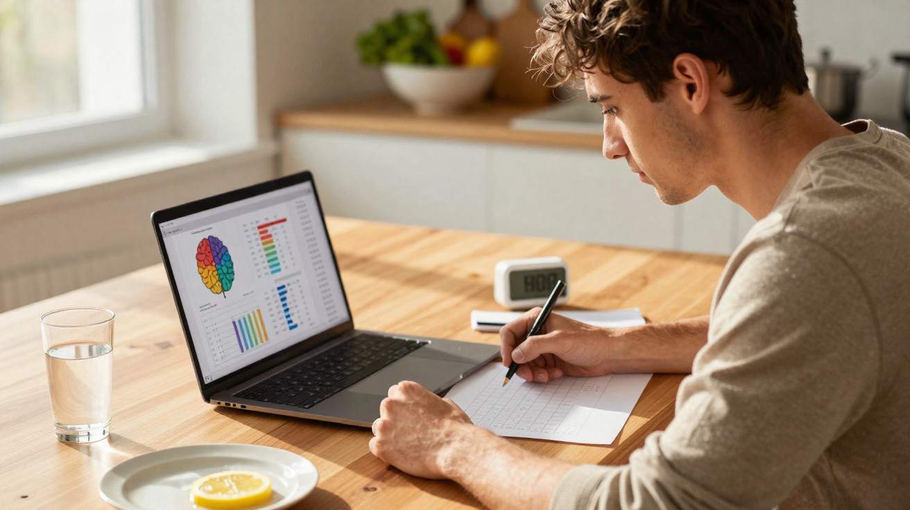 Junger Mann arbeitet am Laptop mit buntem Gehirndiagramm und schreibt Notizen in heller Küche.