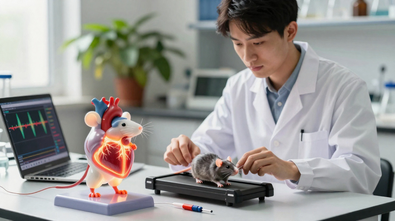 Forscher in weißem Kittel untersucht Ratte auf Laufband mit Herzmonitor und 3D-Herzmodell im Labor.