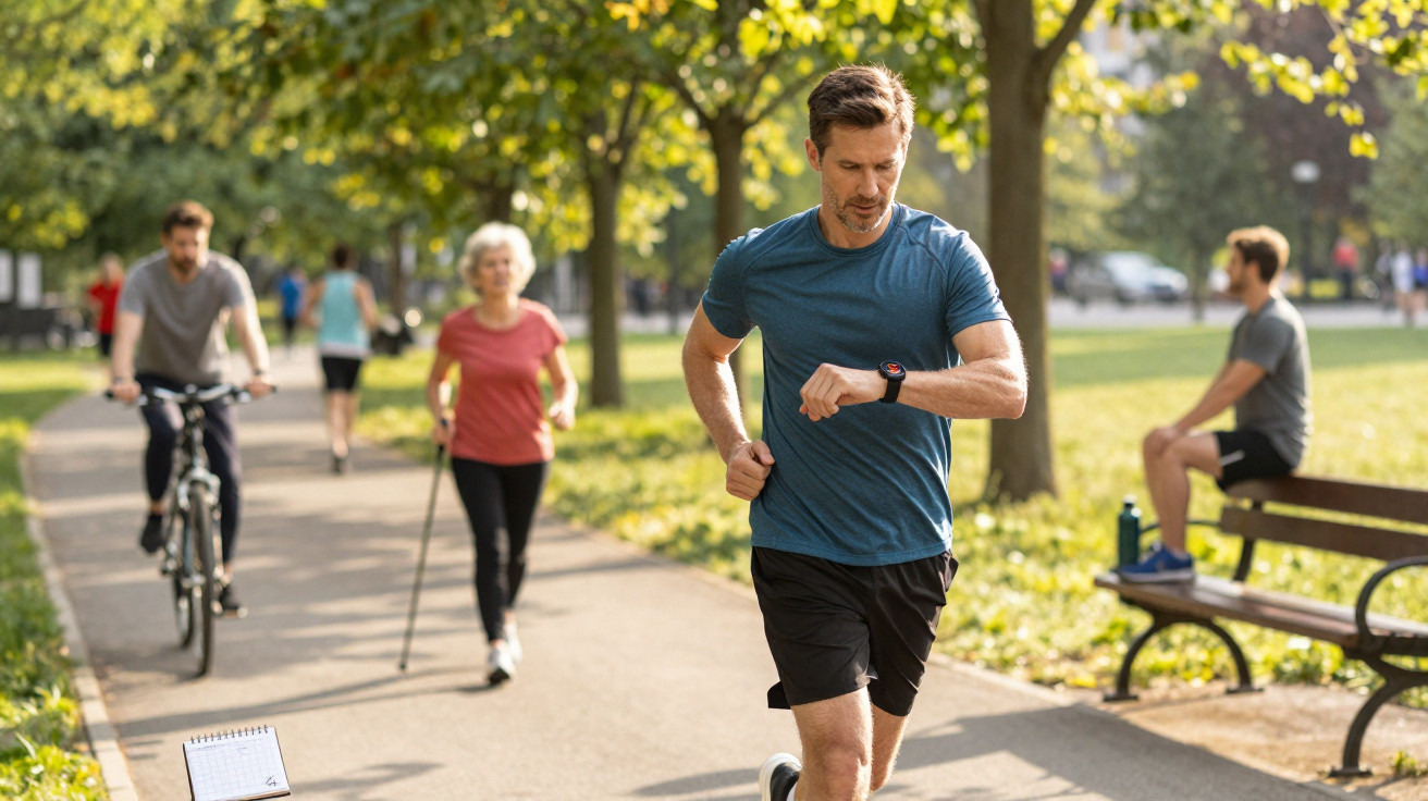 Mann joggt und schaut auf Smartwatch im Park, im Hintergrund Radfahrer, Spaziergänger und sitzender Mann.