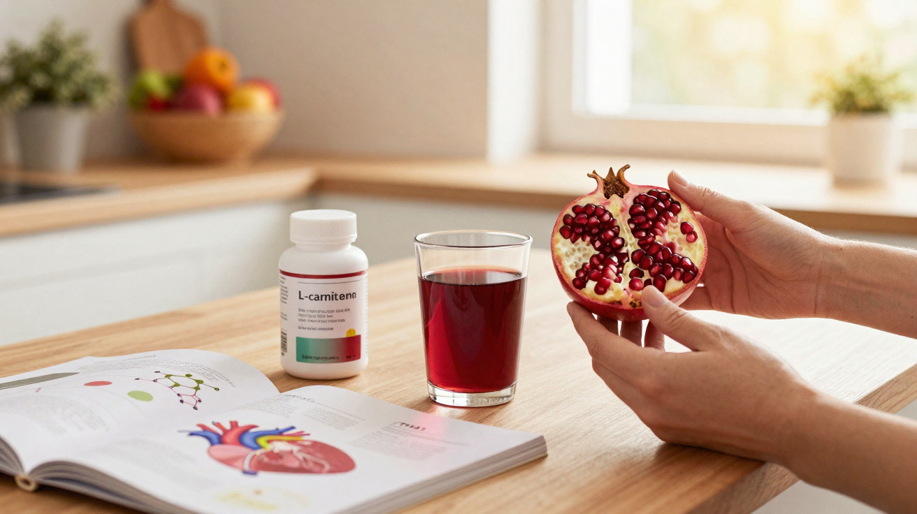 Hände halten halbierten Granatapfel, daneben Glas Granatapfelsaft und L-Carniteno Nahrungsergänzung auf Holztheke.