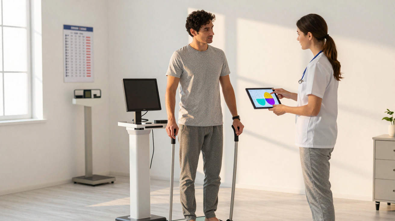 Arzt erklärt Patient mit Gehhilfen die Ergebnisse auf einem Tablet im hellen Behandlungsraum.