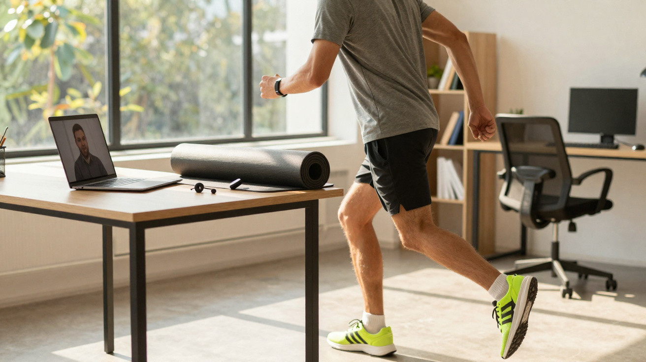 Mann in Sportkleidung macht Fitnessübungen vor Laptop in hellem Büro mit Fenster und Schreibtisch.