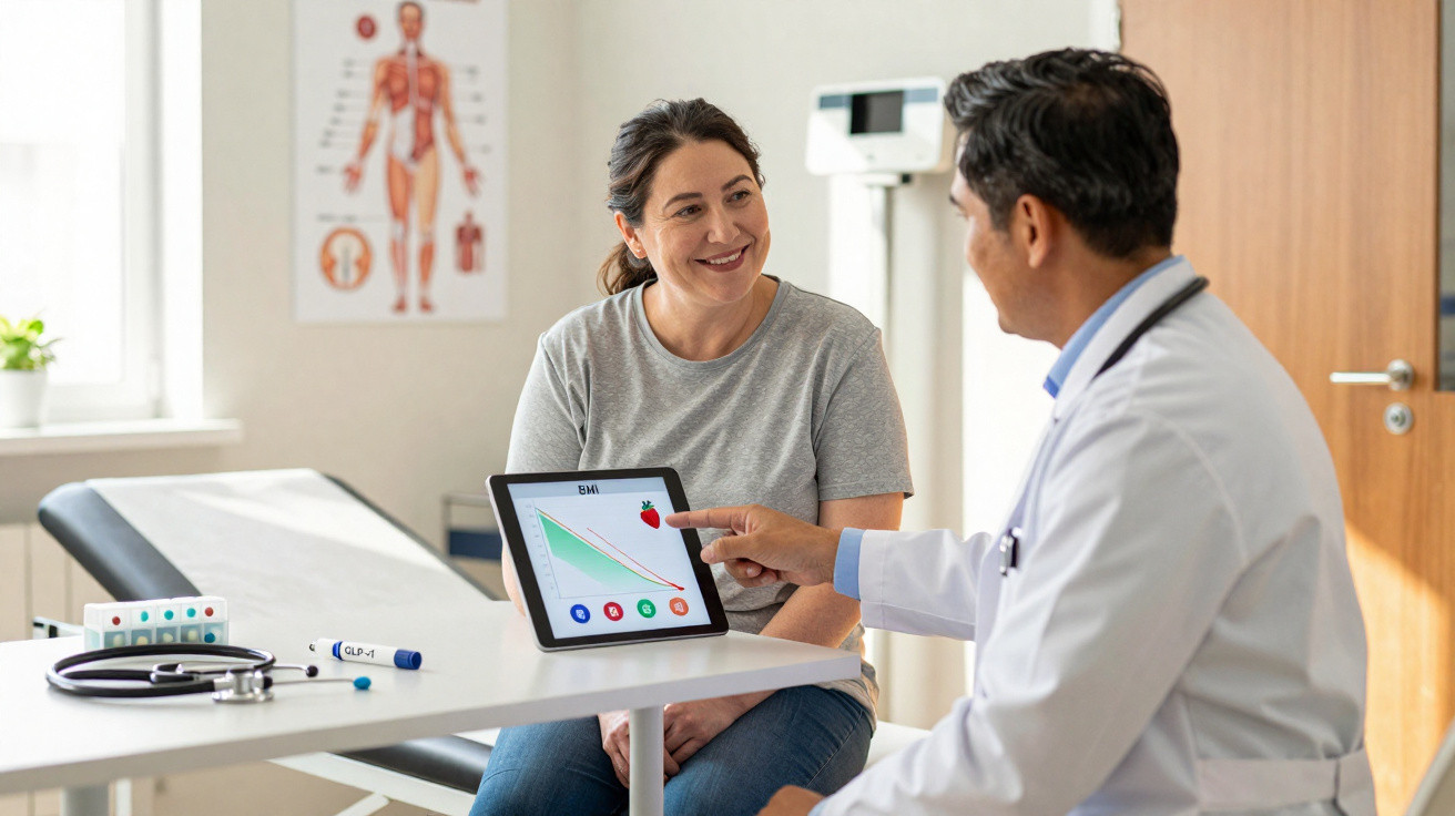 Ärztin erklärt Patientin lächelnd BMI-Werte auf Tablet in heller Praxis mit medizinischen Postern.