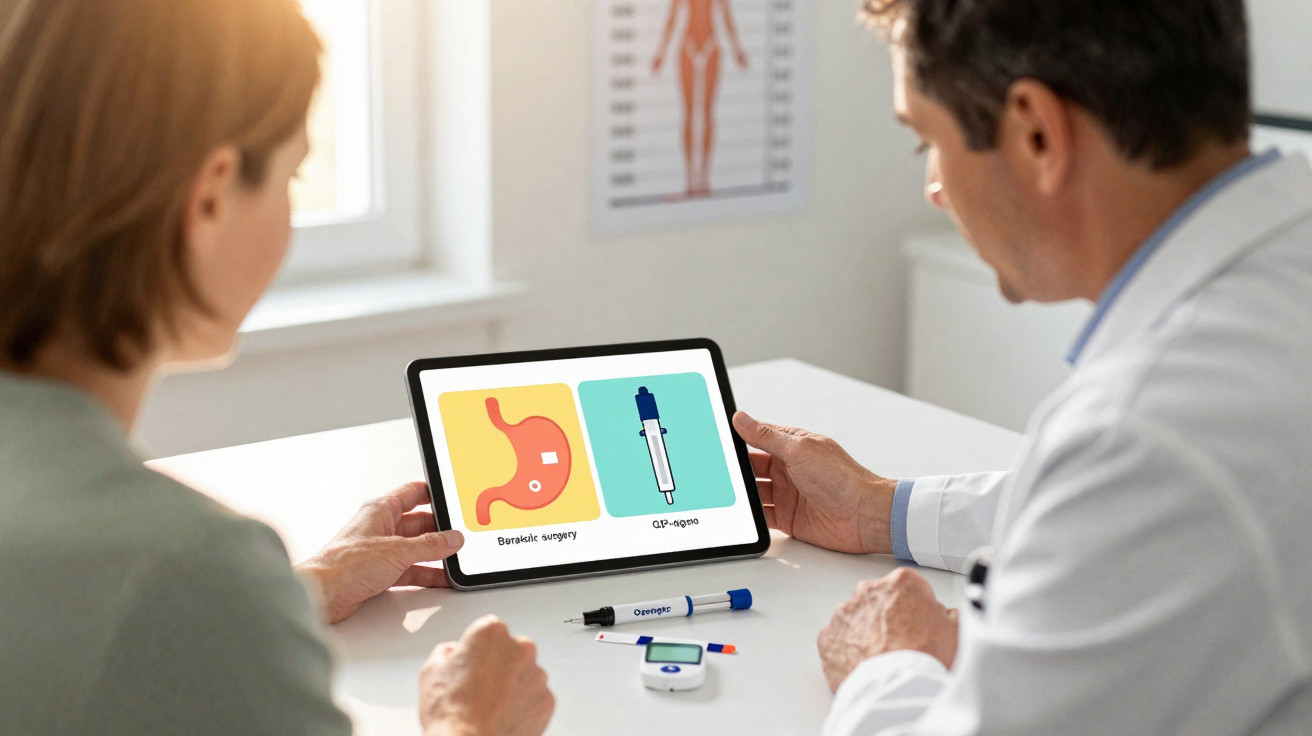 Arzt erklärt Patientin auf Tablet Magenoperation und Insulinspritze zur Diabetesbehandlung.