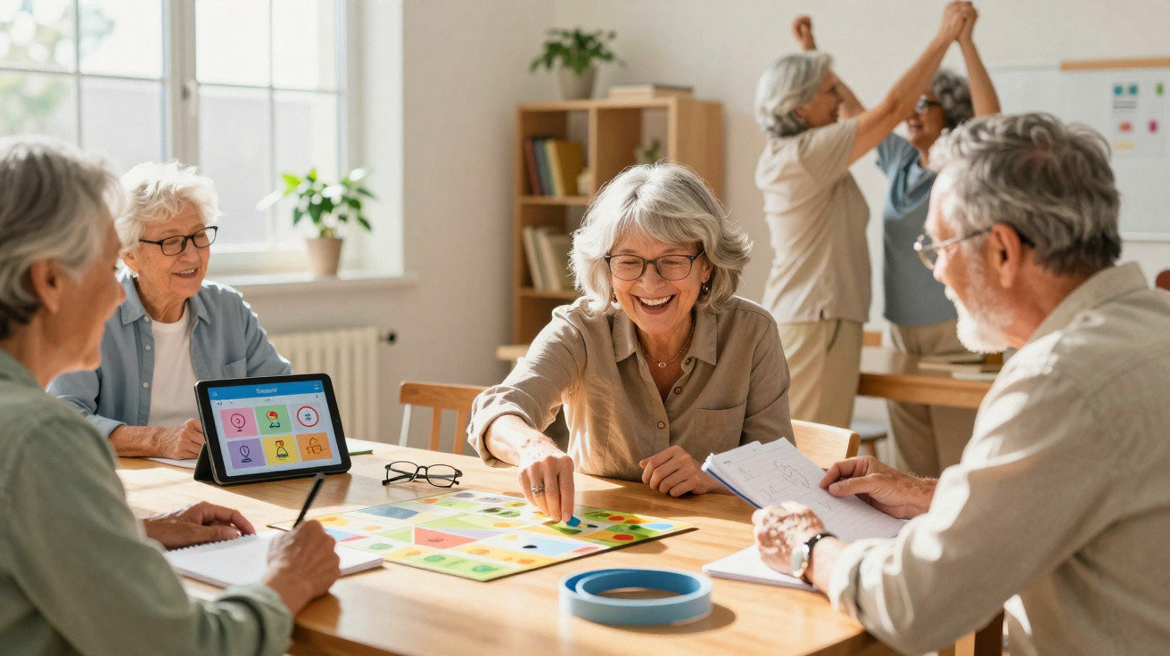 Senioren spielen an einem Tisch ein Brettspiel in einem hellen Raum, im Hintergrund tanzen zwei Frauen.