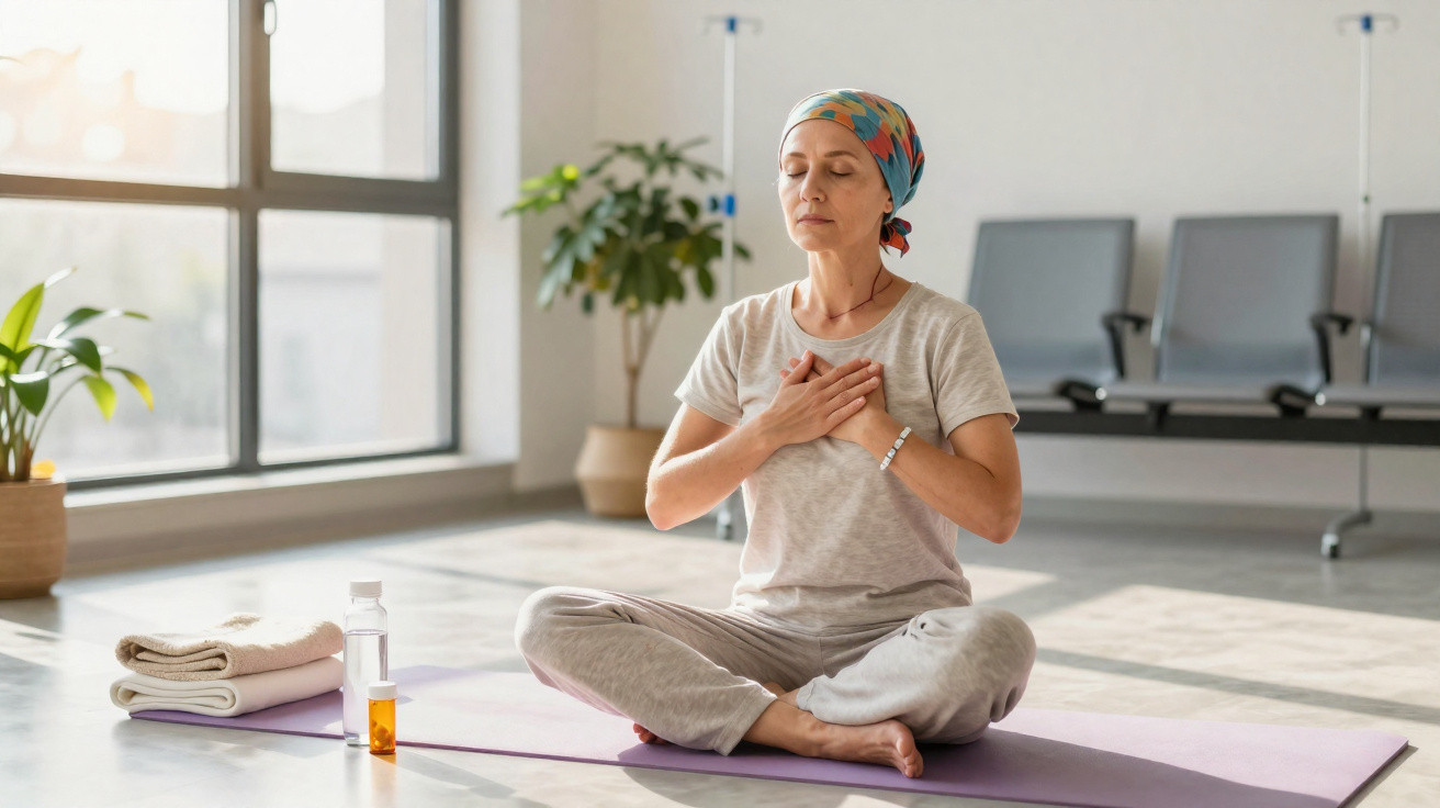 Frau mit Kopftuch meditiert im Schneidersitz auf Yoga-Matte in hellem Raum mit Pflanzen und Getränken.