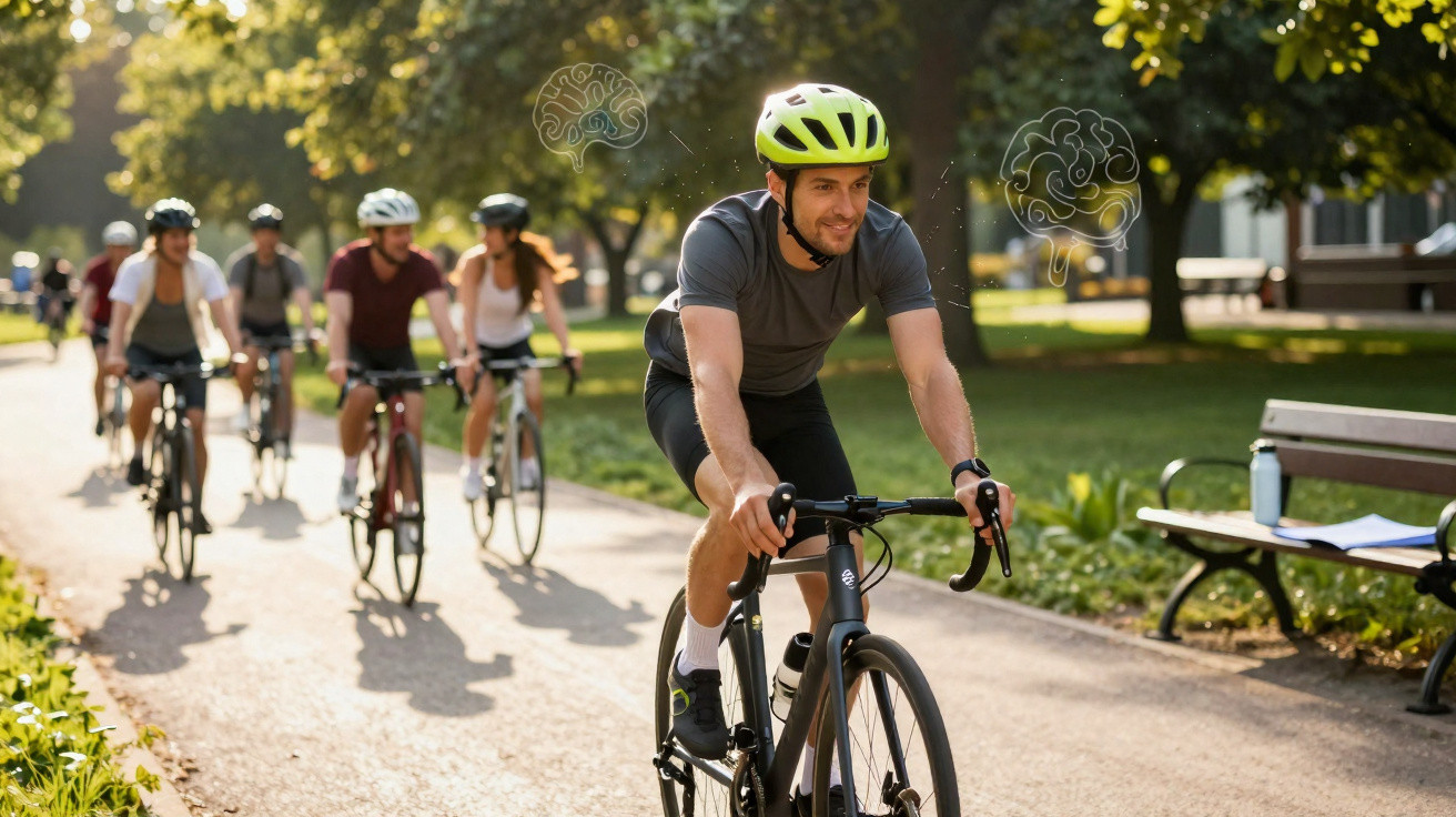 Gruppe von Radfahrern fährt in einem sonnigen Park, vorderer Mann trägt gelben Helm und graues Shirt.