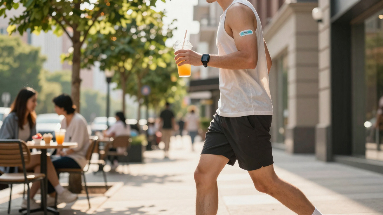 Junger Mann mit Gewebepflaster am Oberarm, der draußen in Sportkleidung Saft aus einem Plastikbecher trinkt.