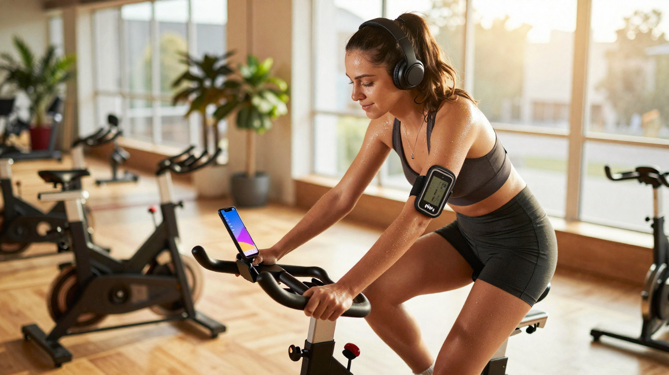Junge Frau trainiert mit Sportbekleidung und Kopfhörern auf Fahrrad-Ergometer im Fitnessstudio.