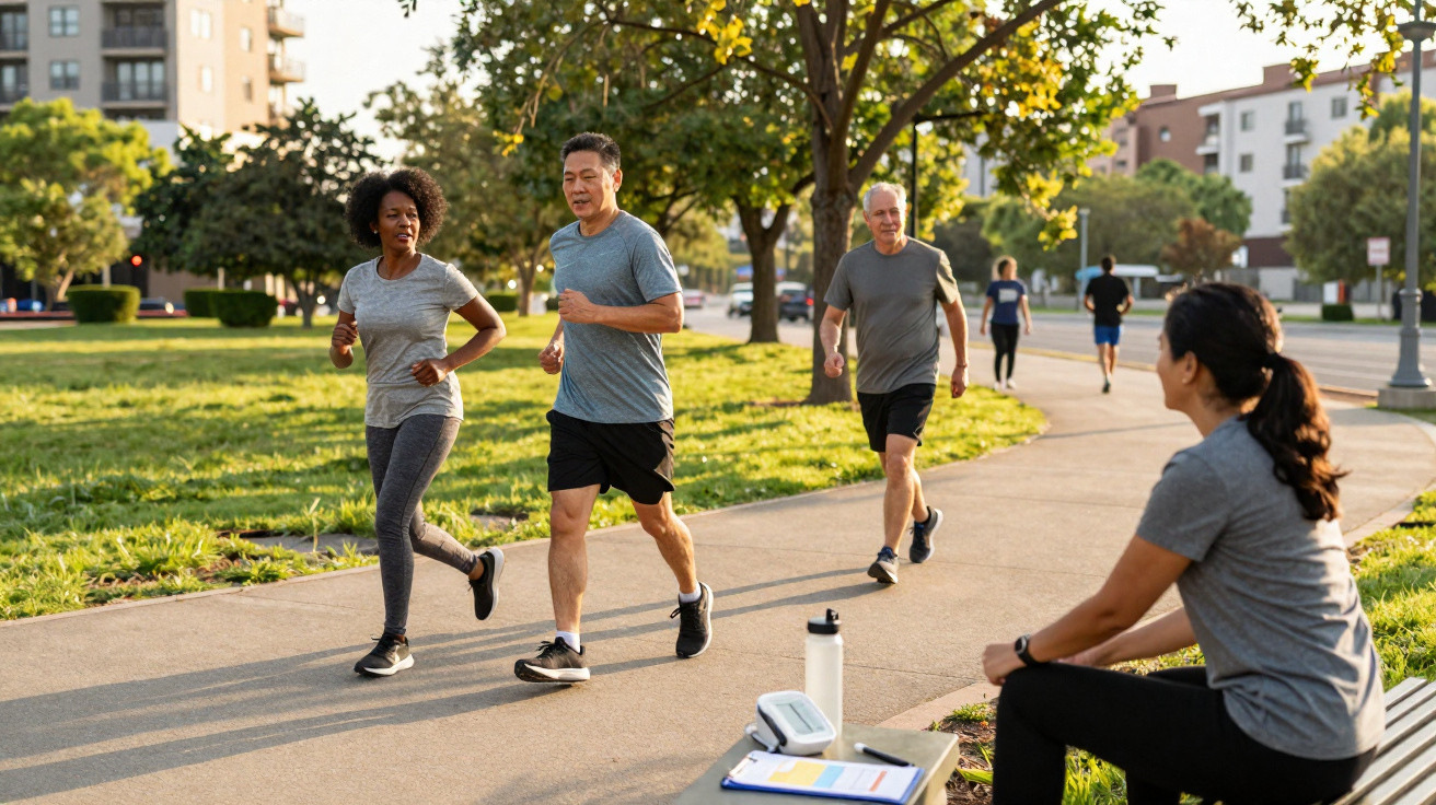 Mehrere Menschen joggen und gehen in einem sonnigen Stadtpark auf einem Gehweg entlang, eine Frau sitzt auf einer Bank.