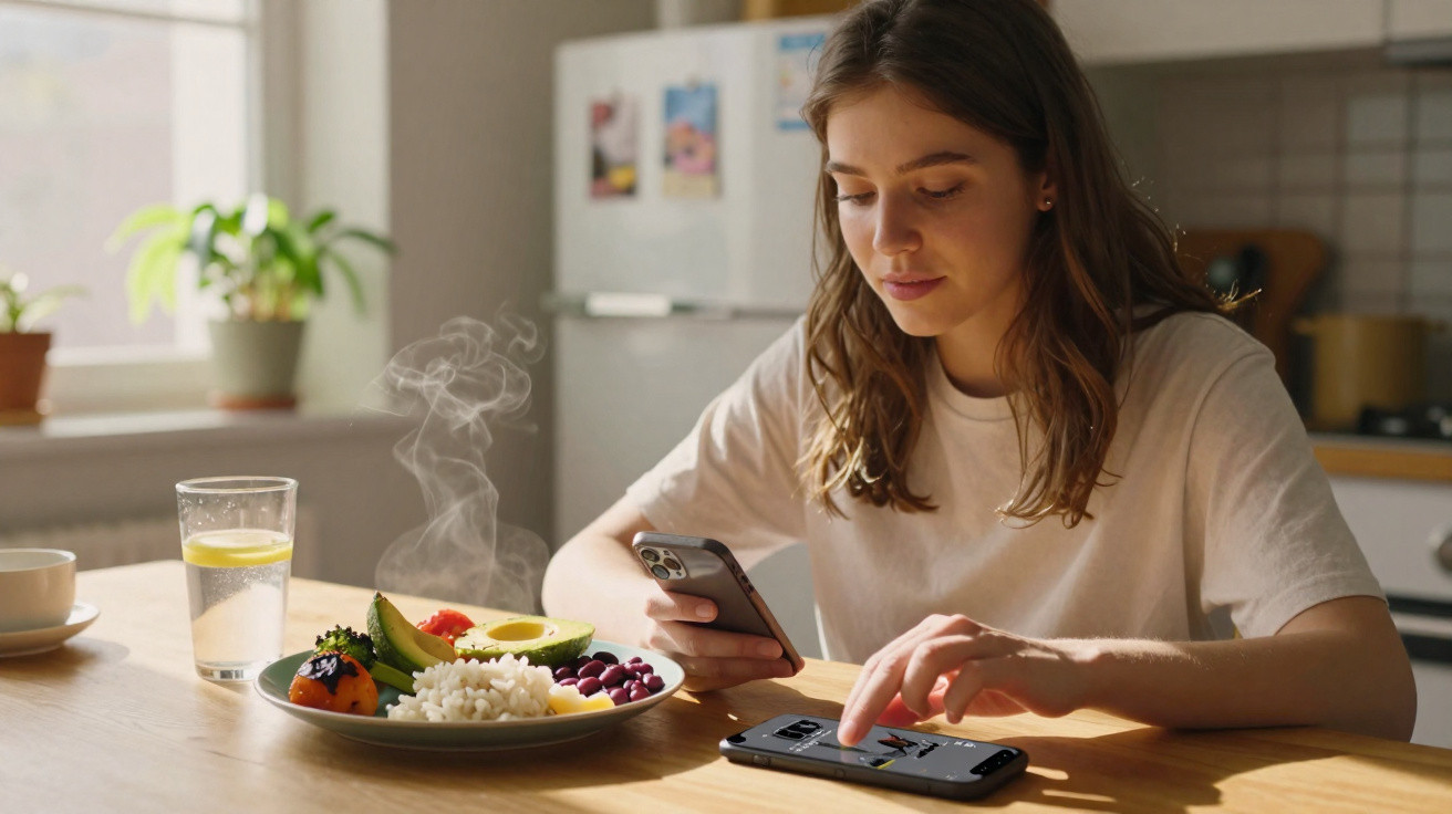Junge Frau sitzt am Esstisch mit gesundem Essen und nutzt zwei Smartphones in heller Küche.