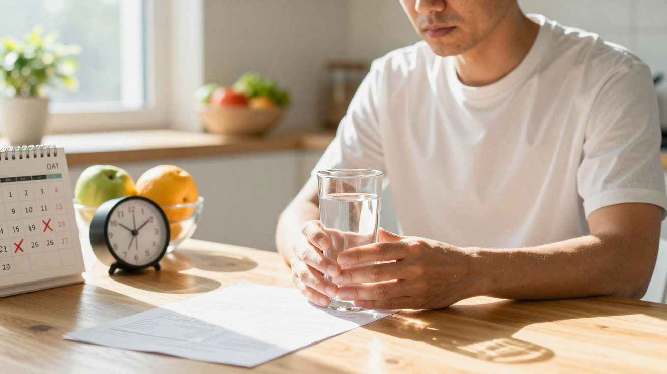 Mann hält Glas Wasser an Tisch mit Kalender, Wecker und Obstschale im Hintergrund in hellem Raum.