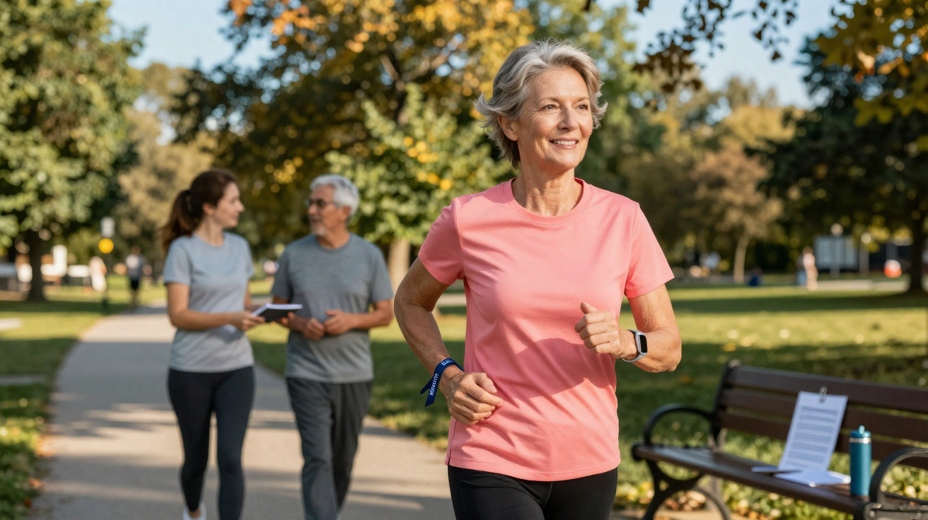 Ältere Frau joggt im Park bei sonnigem Wetter, im Hintergrund zwei Personen beim Gespräch auf dem Weg.