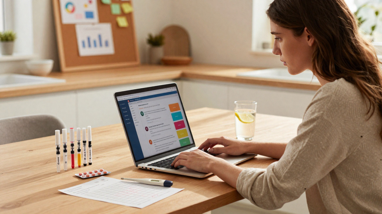 Frau arbeitet am Laptop zu Hause, auf dem Tisch Medizin, Blutzuckergerät und Glas Wasser mit Zitrone.
