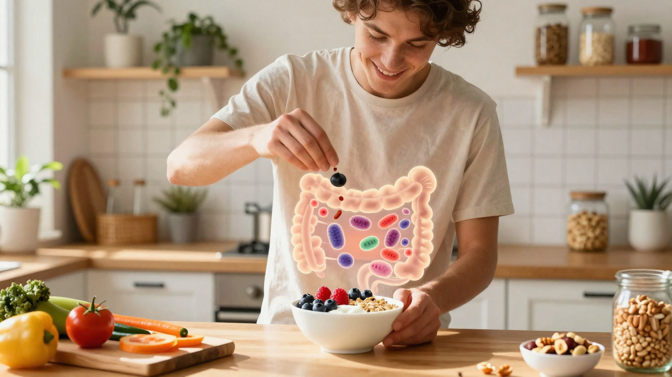Junger Mann in Küche isst Beeren mit eingeblendetem Darm und Bakterien zur Verdauungsgesundheit.