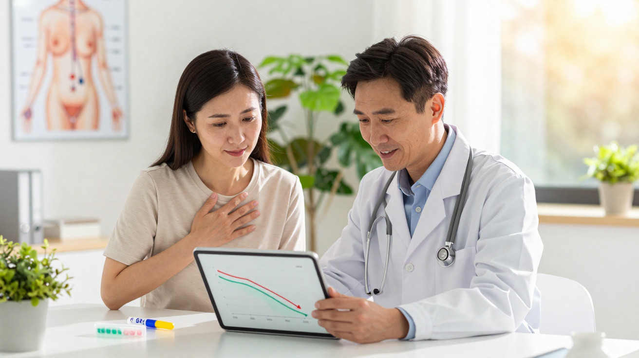 Ärztin erklärt Patientin mit Tablet in heller Praxis medizinische Befunde und Behandlungsverlauf.