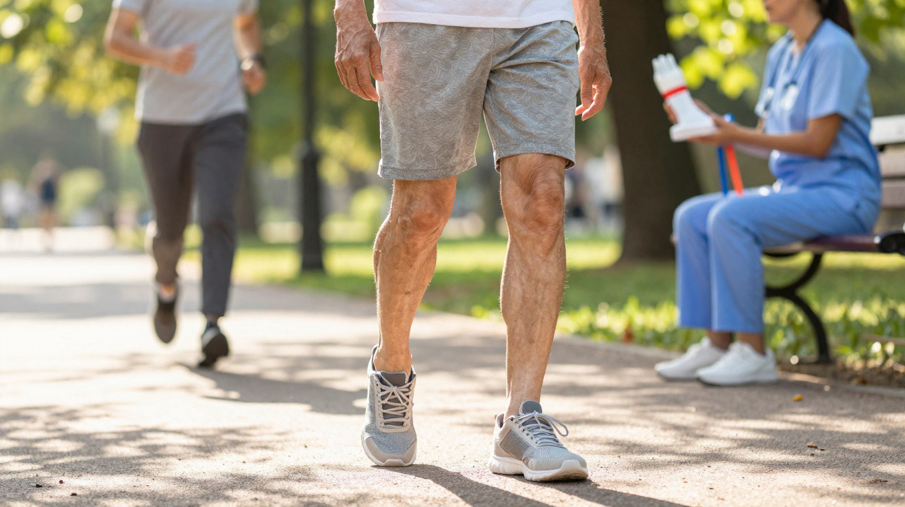 Ein älterer Mann geht im Park, im Hintergrund sitzt eine Krankenschwester auf einer Bank.