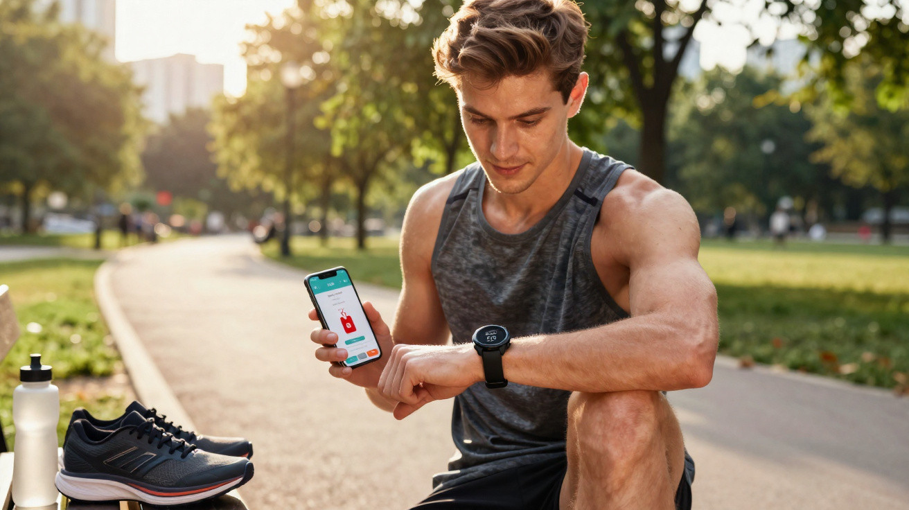 Junger Mann im Sportoutfit prüft Fitness-App auf Smartphone und Smartwatch im Park bei Sonnenuntergang.