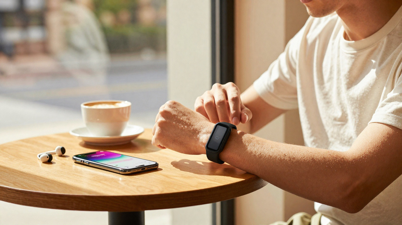 Person sitzt an Holztisch, bedient Smartwatch, daneben Handy, Earbuds und Cappuccino, helles Tageslicht.