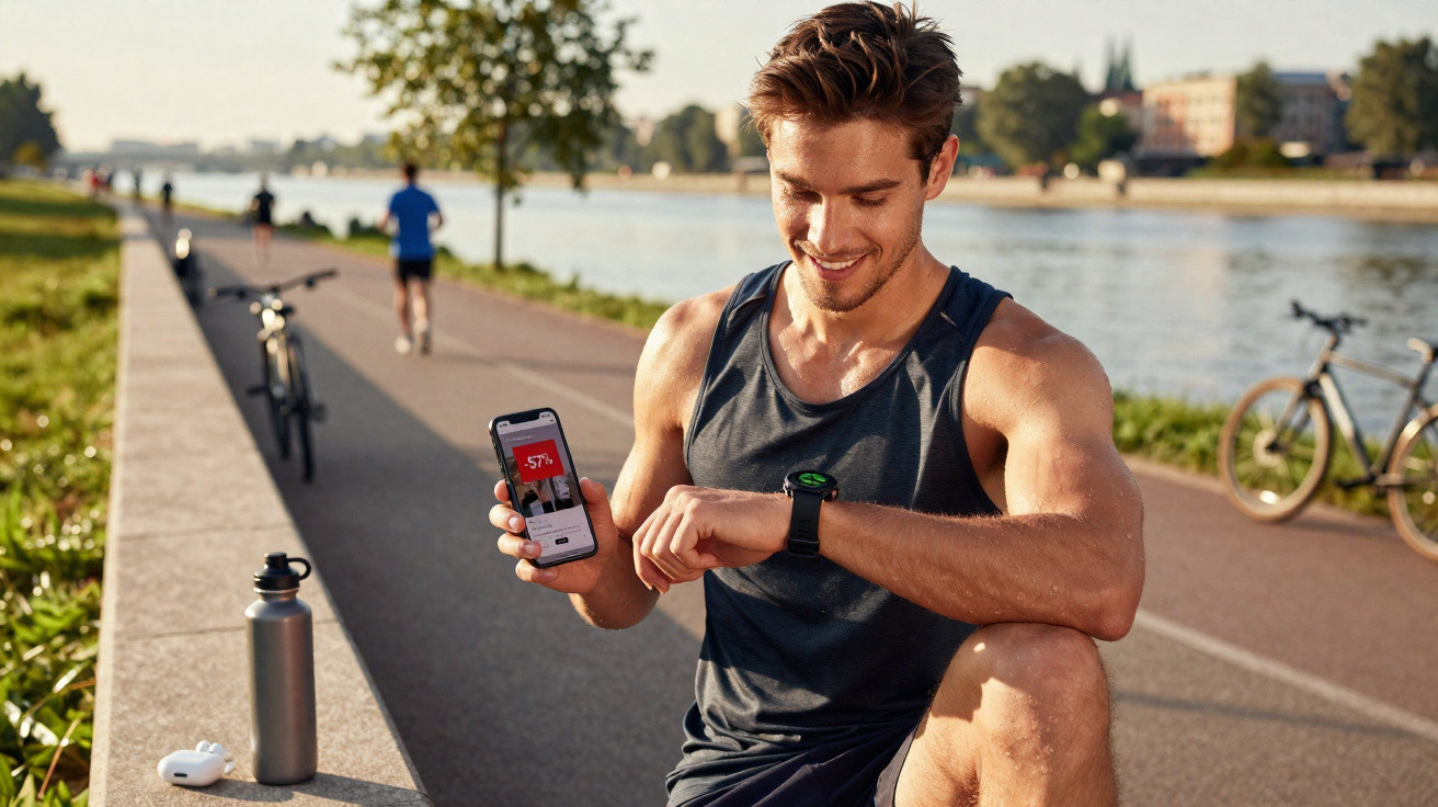 Sportlicher Mann am Fluss sitzt mit Smartphone und Smartwatch, Hafenpromenade und Radfahrer im Hintergrund.
