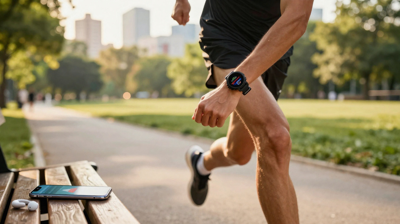 Mann joggt im Park, trägt Sportuhr, Handy und Ohrhörer liegen auf Parkbank im Vordergrund.