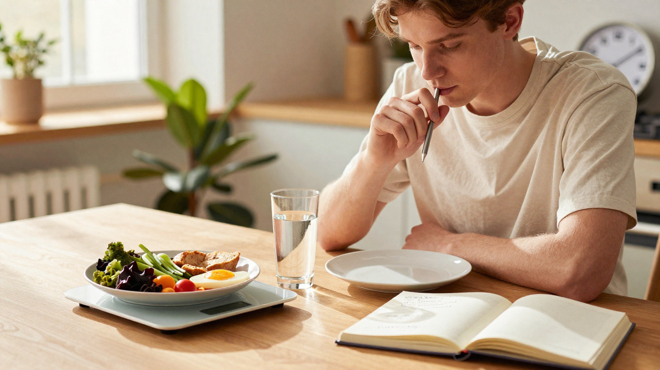 Junger Mann überlegt beim Essen vor Teller und Buch an einem hellem Holztisch in der Küche.