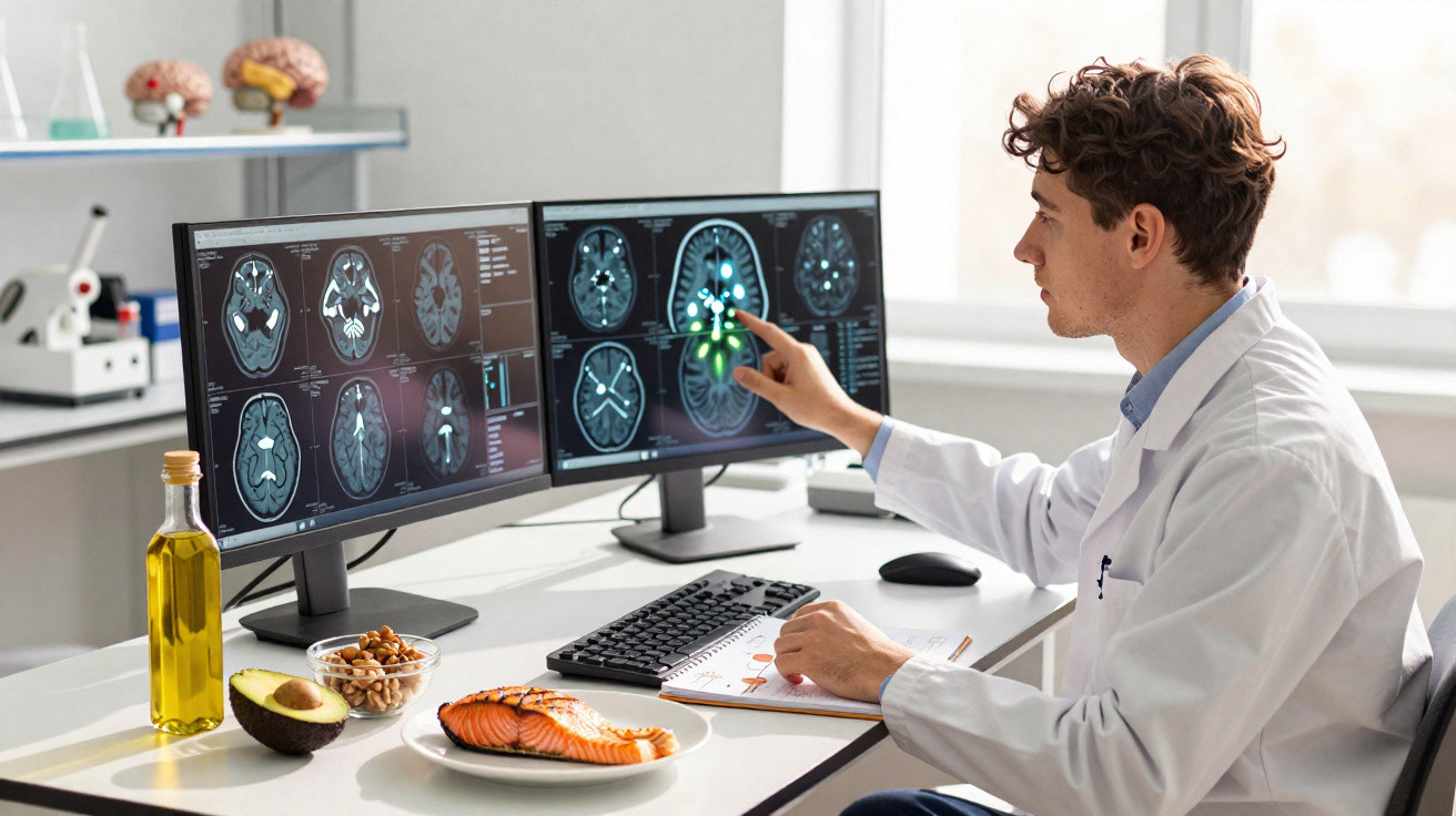 Neurowissenschaftler analysiert Gehirnscans am Computer, mit gesunden Lebensmitteln auf dem Tisch.
