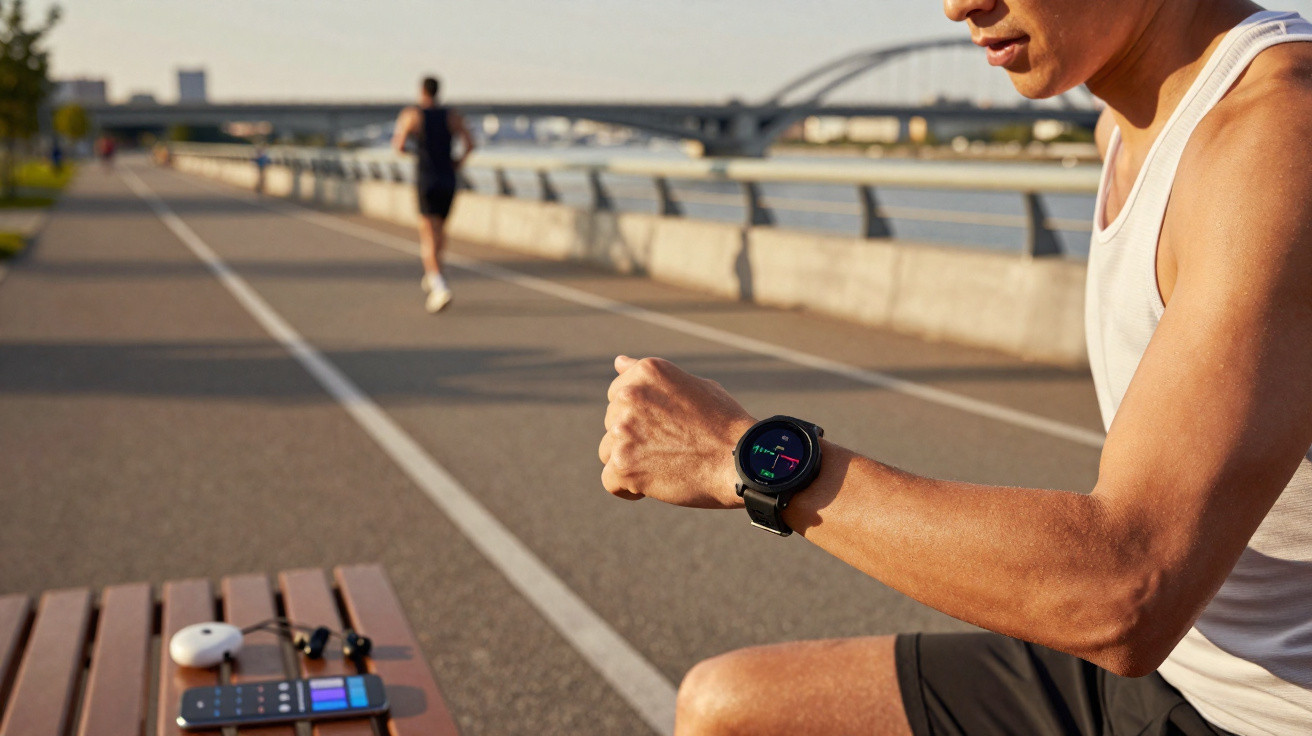 Mann in Sportkleidung überprüft Smartwatch beim Joggen an einem Flussufer mit Brücke im Hintergrund.