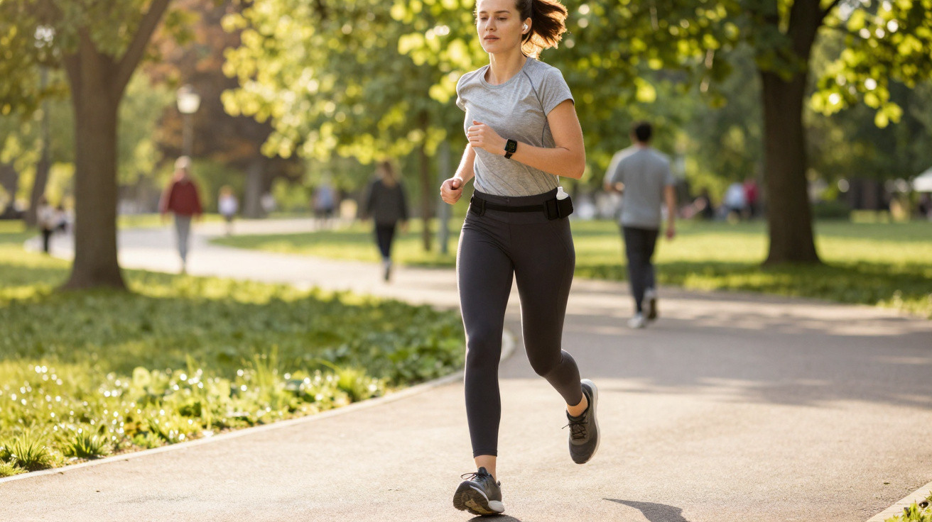Frau joggt im grauen Shirt und schwarzen Leggings auf einem sonnigen Parkweg mit Bäumen im Hintergrund.