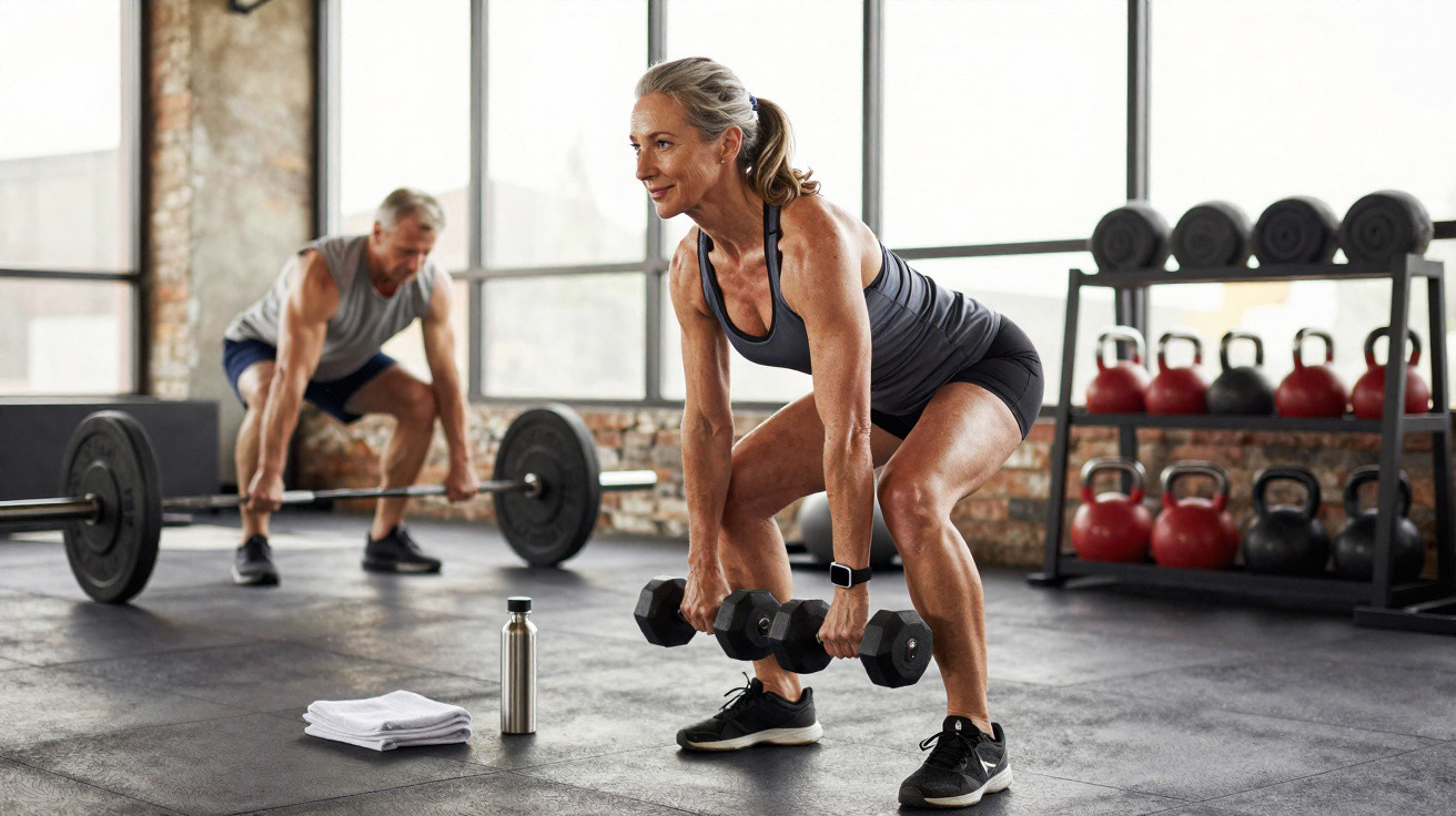 Frau und Mann trainieren mit Kurzhanteln und Langhantel in einem hellen Fitnessstudio.