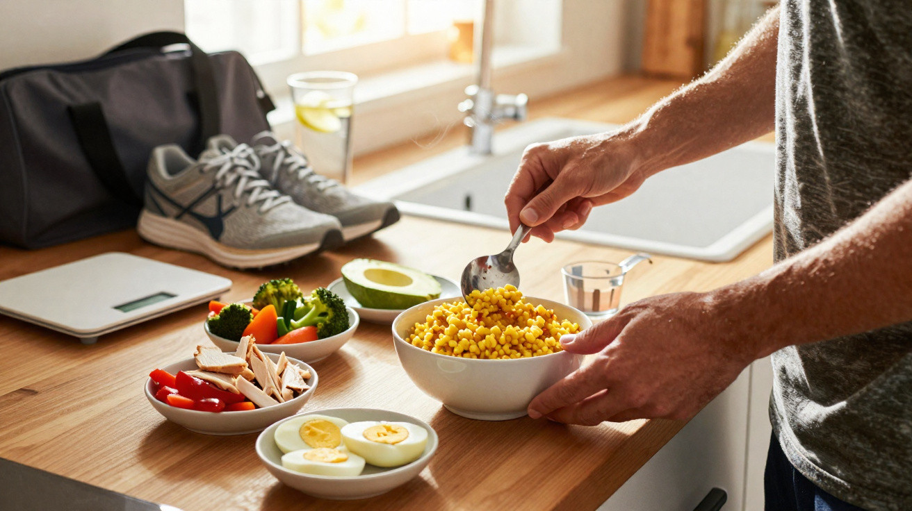 Person richtet gesunde Mahlzeit mit Mais, Eiern, Gemüse und Avocado in moderner Küche an, Sportschuhe und Tasche im Hintergru