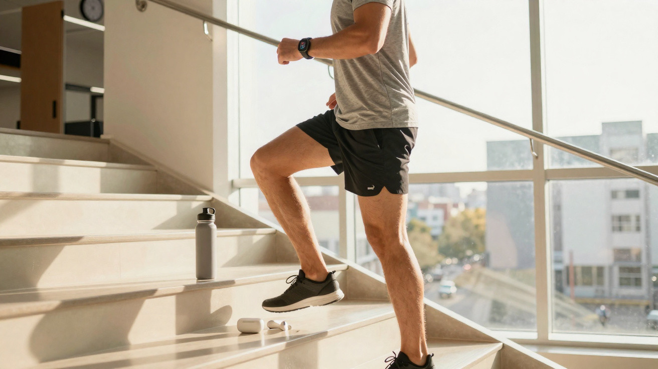 Mann in Sportkleidung läuft Treppe hoch, neben ihm stehen Trinkflasche und kabellose Kopfhörer.